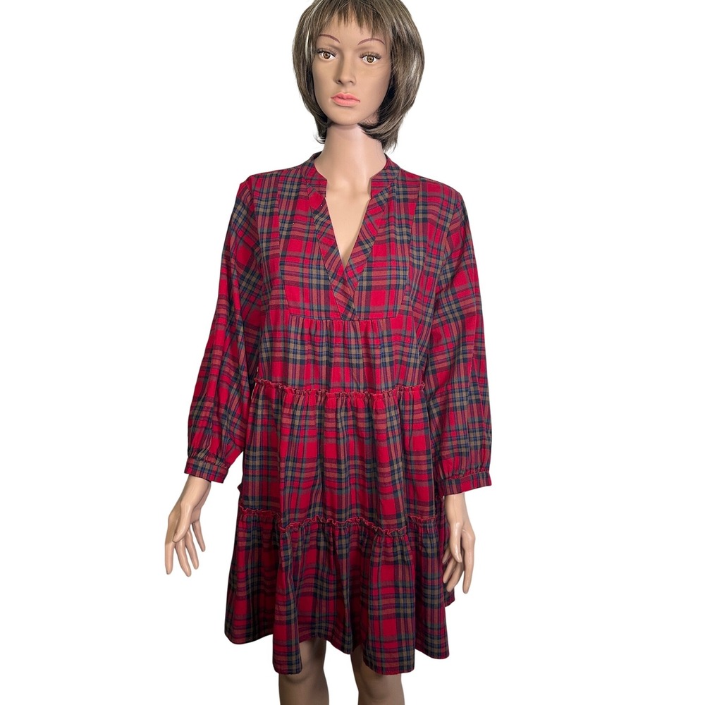 Entro Red Plaid Babydoll Dress Sz L Tiered V-Neck Long Sleeve Cottagecore Boho‎